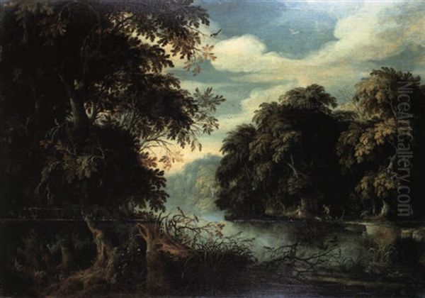 A Forest Landscape With Bird Catchers Beside A River Oil Painting by Alexander Keirincx