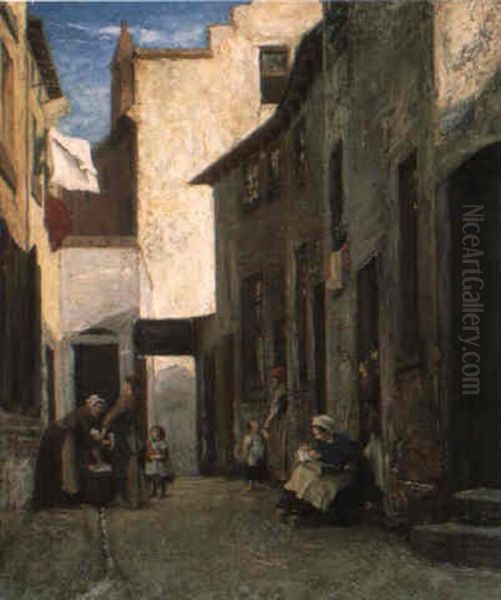 De Volksbuurt- L'impasse St. Roch Oil Painting by Jules Van Keirsbilck