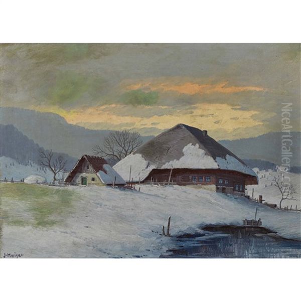 Bauernhof In Winterlicher Abendstimmung Oil Painting by Georg Joseph Jakob Keiser