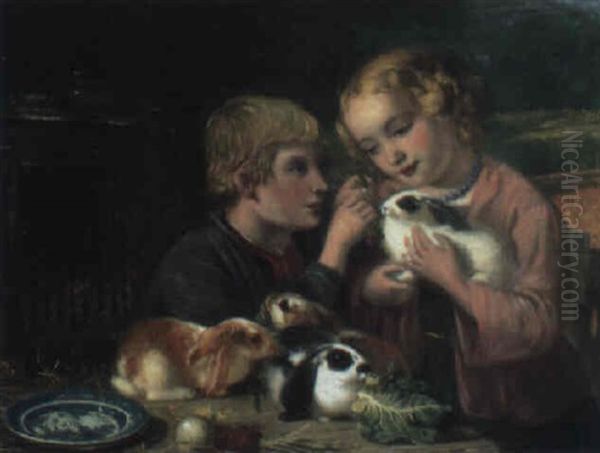 Zwei Kinder Mit Kaninchen Oil Painting by Otto Keitel