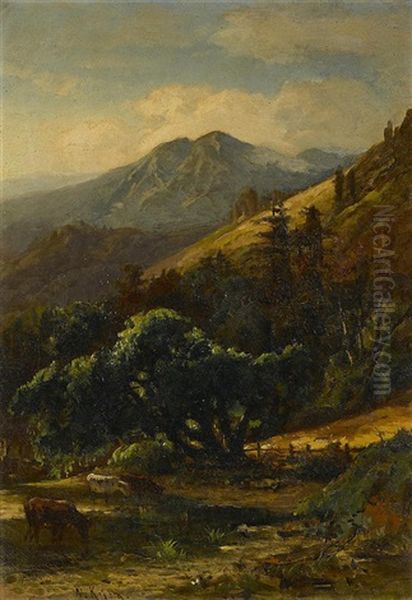 A Pastoral View Of Mount Tamalpais With Cows Watering Oil Painting by William Keith