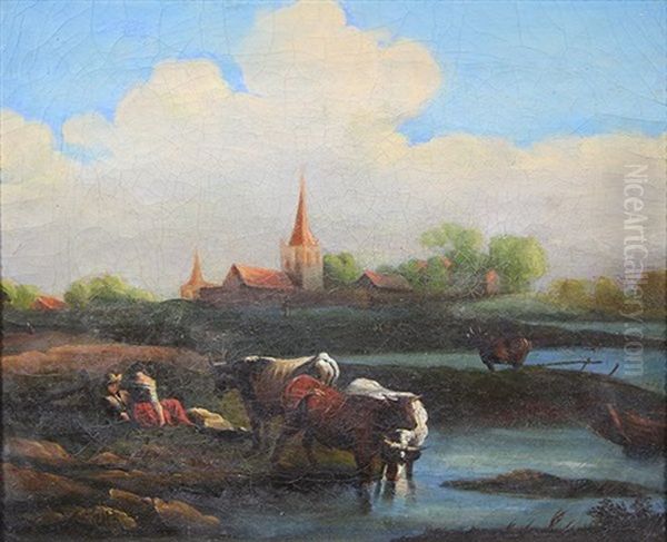 Late Afternoon Figures Picnicking With Cows Oil Painting by William Keith