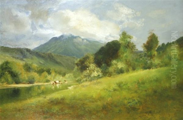 Cows Wattering With Mountains Beyond Oil Painting by William Keith