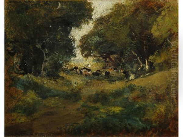 Cows Grazing Along A Wooded Path Oil Painting by William Keith