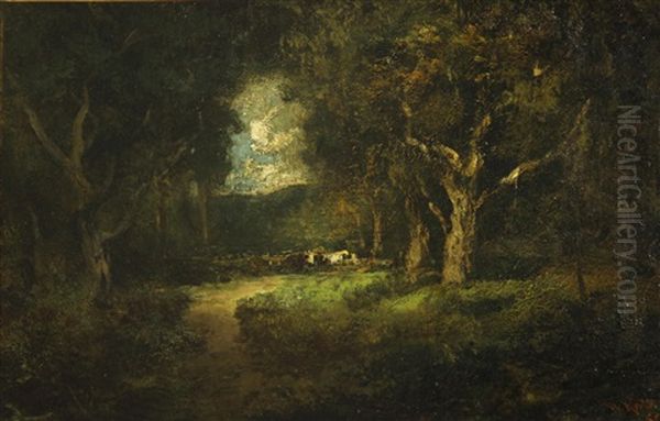 Cows In A Forest Clearing by William Keith