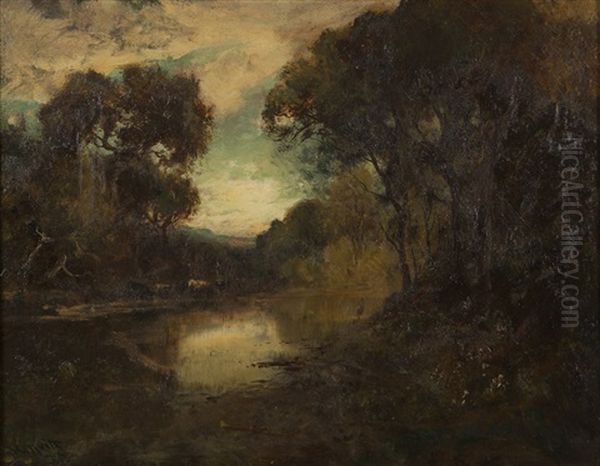 Cows Watering In A Tonalist Landscape Oil Painting by William Keith