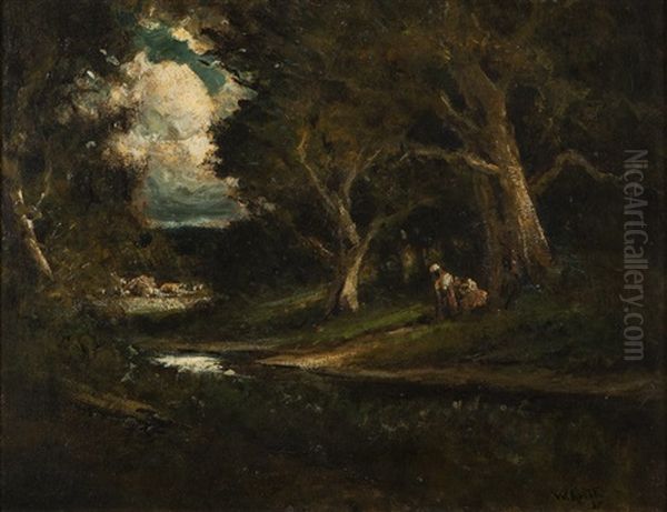 Figures, Stream And Cottages In A Wooded Glade Oil Painting by William Keith