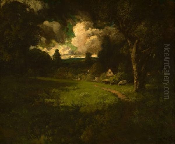 Cottage In A Sunlit Clearing Oil Painting by William Keith