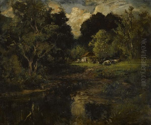 Landscape With Trees, Pond And Cottage Oil Painting by William Keith