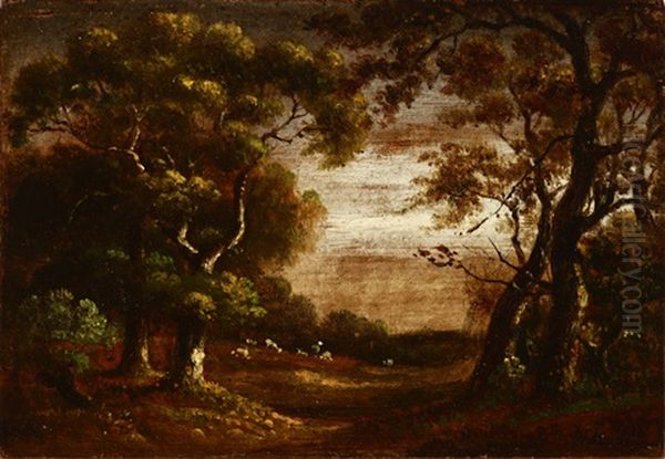 Oak Trees With Distant Grazing Sheep by William Keith