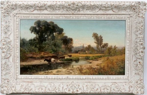 Landscape With Cows By Stream Oil Painting by William Keith