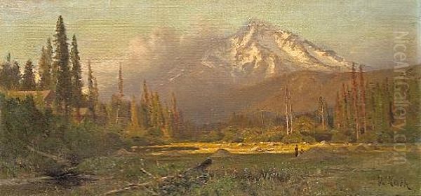 Cabin Hideaway Near A Sunlit Clearing With A Mountain In The Distance (mt. Shasta?) Oil Painting by William Keith