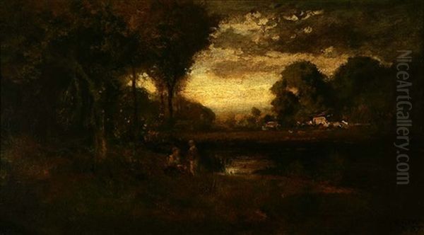 Two Figures Picnicking Near A Pond Oil Painting by William Keith