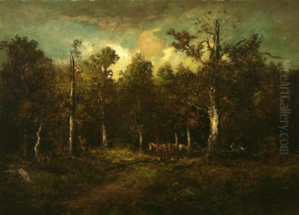 The Foresters, Horse Team And Loggers In A Wooded Landscape Oil Painting by William Keith