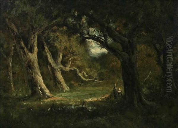 Two Figures In Wooded Landscape by William Keith