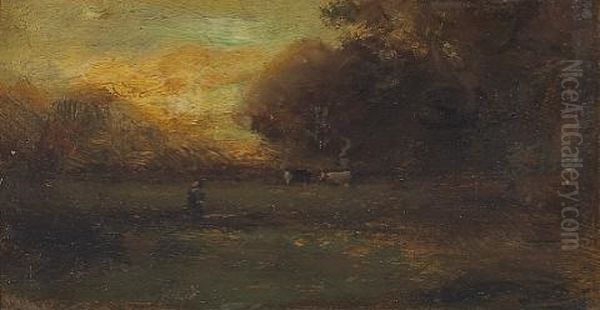 Cattle Watering In A Meadow (+ San Rafael; Pair) Oil Painting by William Keith