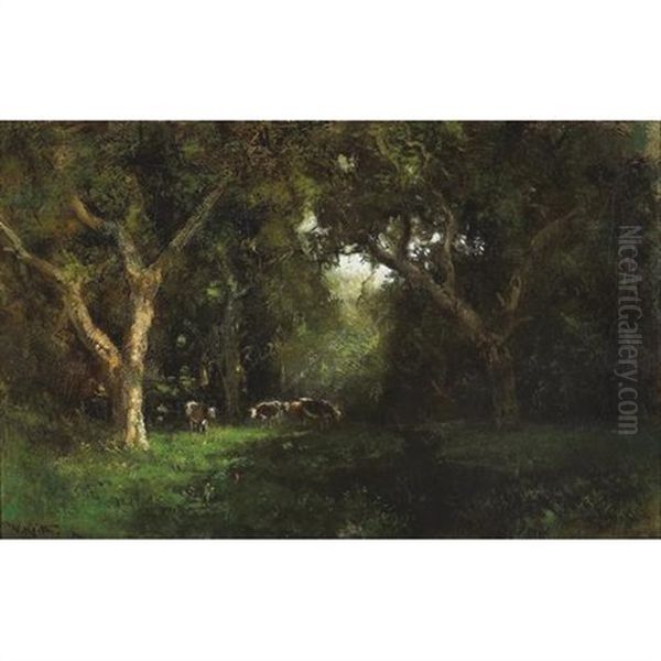 Cows In A Forest Clearing Oil Painting by William Keith