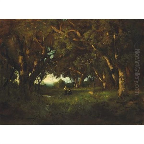 Figures In A Forest Clearing At Dusk Oil Painting by William Keith