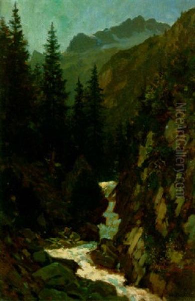 A White Water Stream In A Mountain Landscape Oil Painting by William Keith