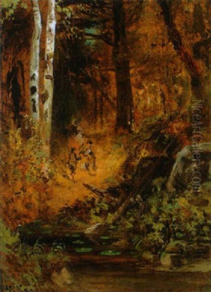 Zwei Jager Im Herbstlichen Wald Oil Painting by William Keith