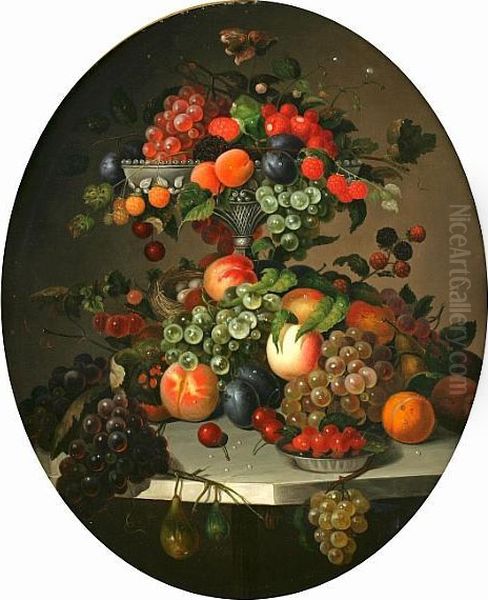 Still Life Of Fruit In An Ewer On A Marbletable Oil Painting by Charles Carl Baum /