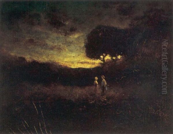 Two Figures In A Landscape At Sunset Oil Painting by William Keith