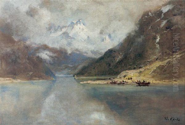 A View Of A Lake With Snowcapped Mountains Oil Painting by William Keith