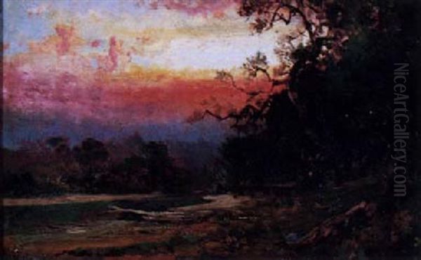 Sunset Russian River Oil Painting by William Keith