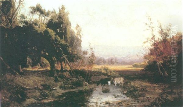 Cows Watering In A Stream Oil Painting by William Keith