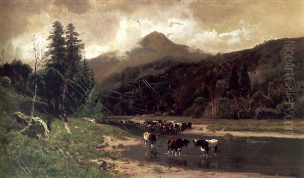 Cows Watering Beneath Tamalpais Oil Painting by William Keith