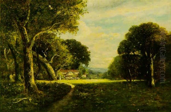 California Landscape With Figure On Path And Cottage Beyond Oil Painting by William Keith