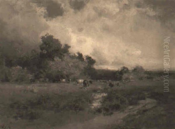 Cloudy Day With Cows By The Watering Hole Oil Painting by William Keith