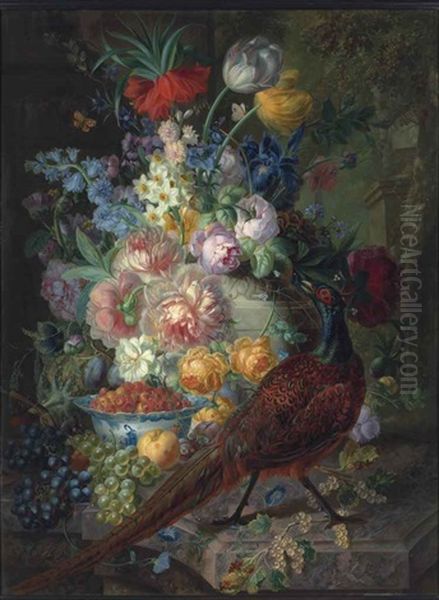 An Arrangement Of Tulips, Roses, Irises, Narcissus, Grapes, White Currants, A Peach And A Strawberry, With A Pheasant And A Mouse By A Chinese Bowl Oil Painting by Jan Kelderman