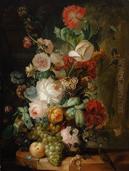 Still Life Of Flowers With Birds Oil Painting by Jan Kelderman