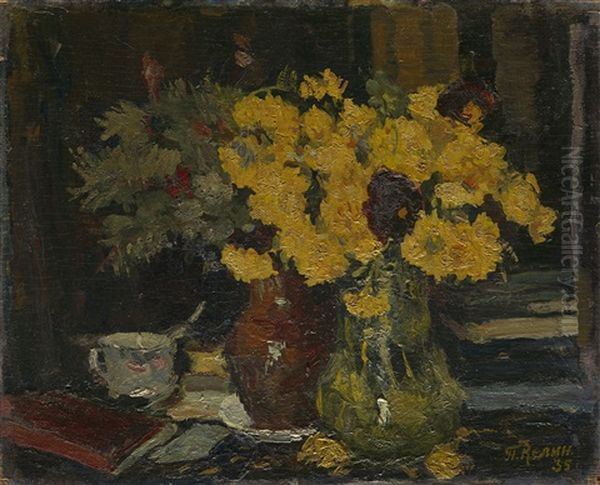 Still Life With Flowers And Books Oil Painting by Petr Ivanovich Kelin