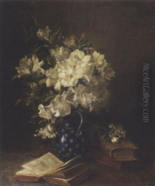 A Still Life With Rhododendrons In A Jug And Books Oil Painting by Hendrika Wilhelmina Van Der Kellen