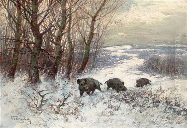 Wildschweinrotte Im Winter Oil Painting by Carl Frederick Kellenbach