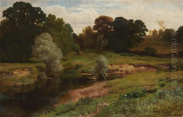 Wooded Landscape With A Stream Oil Painting by Albert von Keller