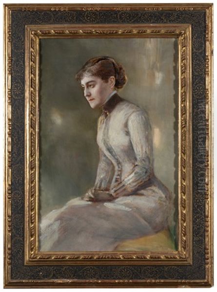 Die Frau Des Kunstlers, Irene Von Keller, Im Weisen Kleid, Sitzend, Nach Links Oil Painting by Albert von Keller