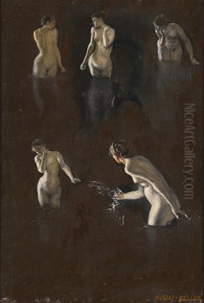 Study Of Five Female Nudes Oil Painting by Albert von Keller