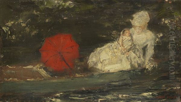 Frau Und Kind Im Freien Mit Rotem Parasol Oil Painting by Albert von Keller