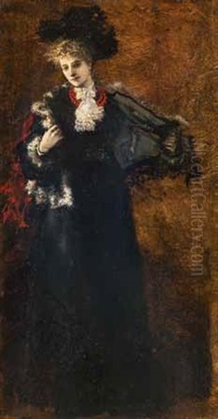 Junge Frau In Schwarzem Kleid, Mit Spitzenschleife Und Korallenkette Oil Painting by Albert von Keller