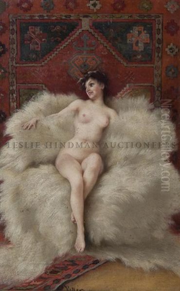 Reclining Nude On A Fur Pelt Oil Painting by Albert von Keller