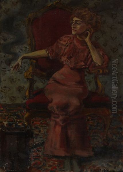 Sitzende Dame Im Roten Kleid Oil Painting by Albert von Keller