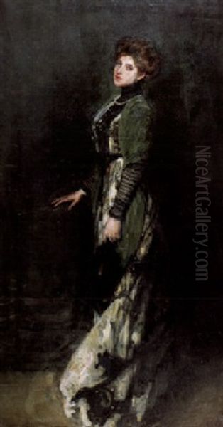 Bildnis Einer Jungen Stehenden Frau In Langem Kleid Oil Painting by Albert von Keller