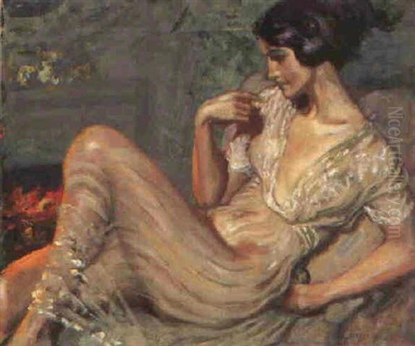 Sitzende Junge Frau Im Weissen Kleid Oil Painting by Albert von Keller