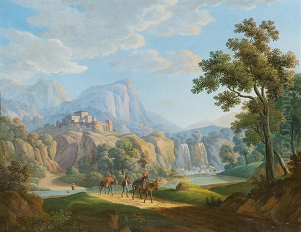 Gegenstucke. Zwei Gebirgige Flusslandschaften
Mit Figuren- Und Tierstaffage (2 Works) Oil Painting by Carl Urban (Karl) Keller