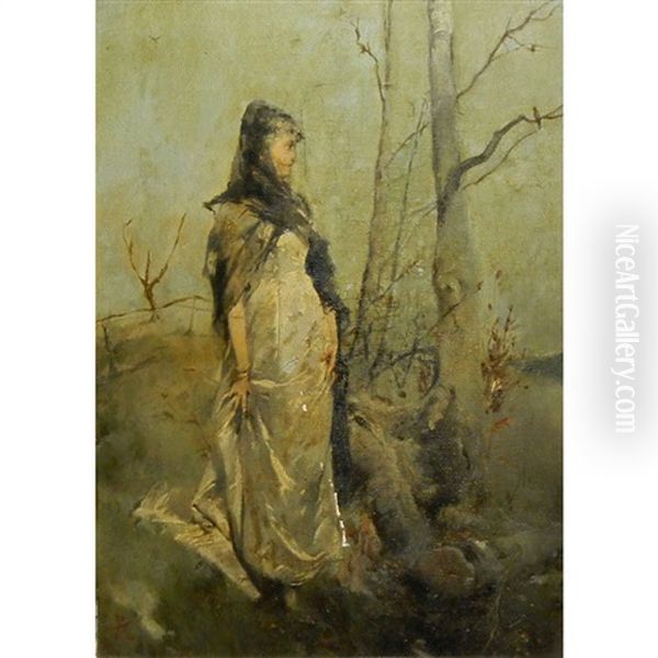 Woman In A Landscape Oil Painting by Ferdinand Keller