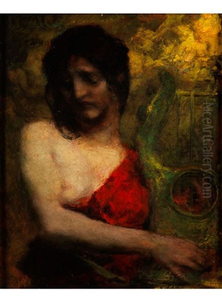 Halbakt Einer Jungen Frau In Rotem Kleid Mit Lyra Oil Painting by Ferdinand Keller