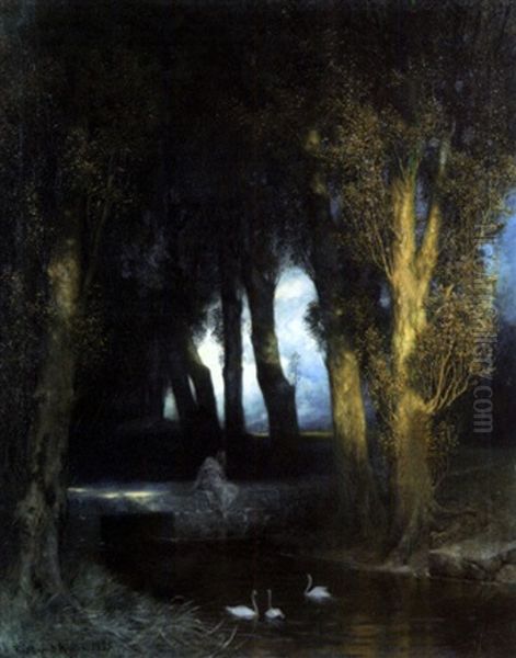 Bassin Avec Des Cygnes Au Crepuscule by Ferdinand Keller